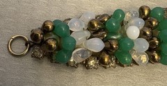 50s Vintage Signed Germany Wired Green Glass Bead Rhinestone Pearl Bracelet 7”