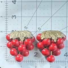 Vintage antique set 2 gold tone brass red plastic enameled grapes dress clips