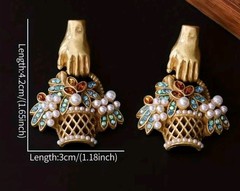 Whimsical Flower Basket Earrings Faux Pearls Rinestones, Vintage Bronze Dangle