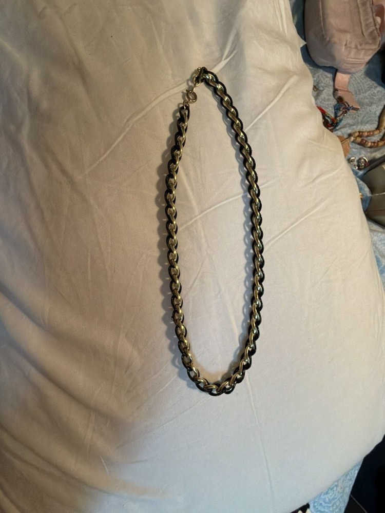 Vintage Trifari Gold-Tone and Black Enamel Link Chain Necklace