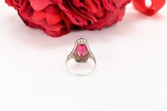 Vintage Designer Belais Ring 18K White Gold Pink Sapphire Filigree Art Deco S. 7
