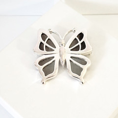 Silver Tone Butterfly Brooch Cut Out Brown MOP Pin 1 3/4 Ht