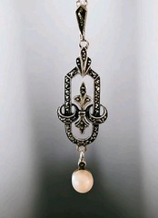 Antique Art Deco 935 Silver Marcasite & Pearl Pendant Necklace 18″, Pristine