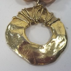 Vintage Gold Tone Brutalist Necklace Leather Wood Bead Pendant Boho