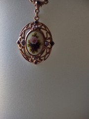 1928 Rose Gold Tone Purple Rhinestone Porcelain Pendant 27” Necklace