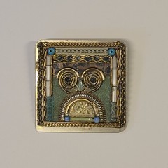 Abstract Wire Art Owl On Handcrafted Beaded Mixed Media Square Brooch Vintage