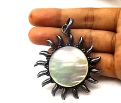 Real Mother Of Pearl White/Colorless Gem Sun Vintage 925 Silver 2.5 Inch Pendant