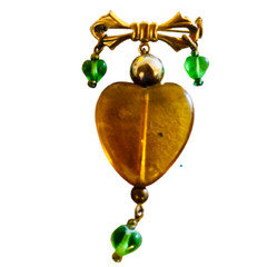Vintage Amber Heart Brooch Pendant Goldtone Bow Dangling