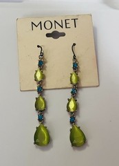 Vintage Estate signed Monet Peridot Green Faceted Blue Glass Drop Earrings.