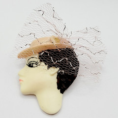 Painted Lady Face with Pink Hat and Veil Short Hair Brunette Vintage Brooch Pin