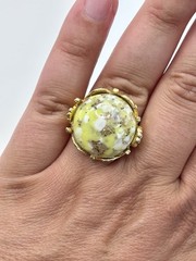 Vintage Gold Tone Faux Lizardite Adjustable Ring Gold White Green And Filigree