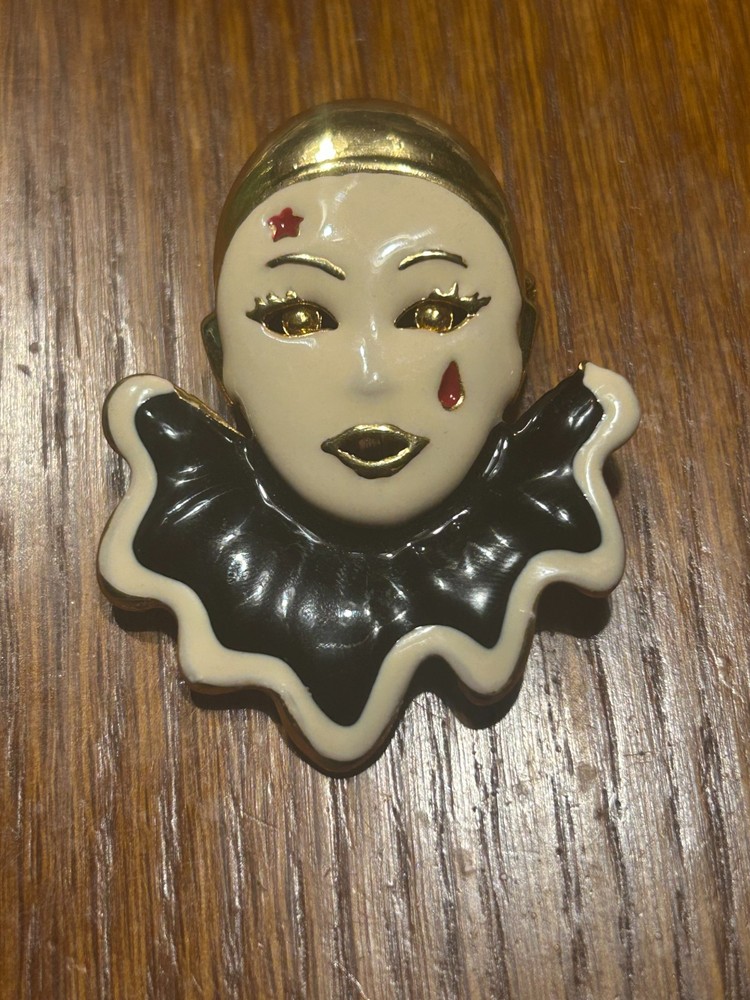 Vintage Gold , White, Black and Red Sad Clown Pin