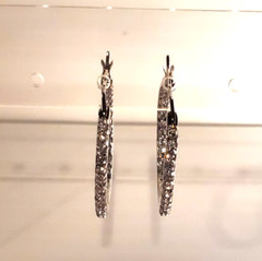 14K White Gold on Solid Sterling Silver 27mm Hoop Earrings Cubic Zirconia Stones