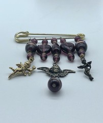 Vintage Charm Holder Safety Pin Brooch Dangling Purple Beaded Hearts Cupid Angel
