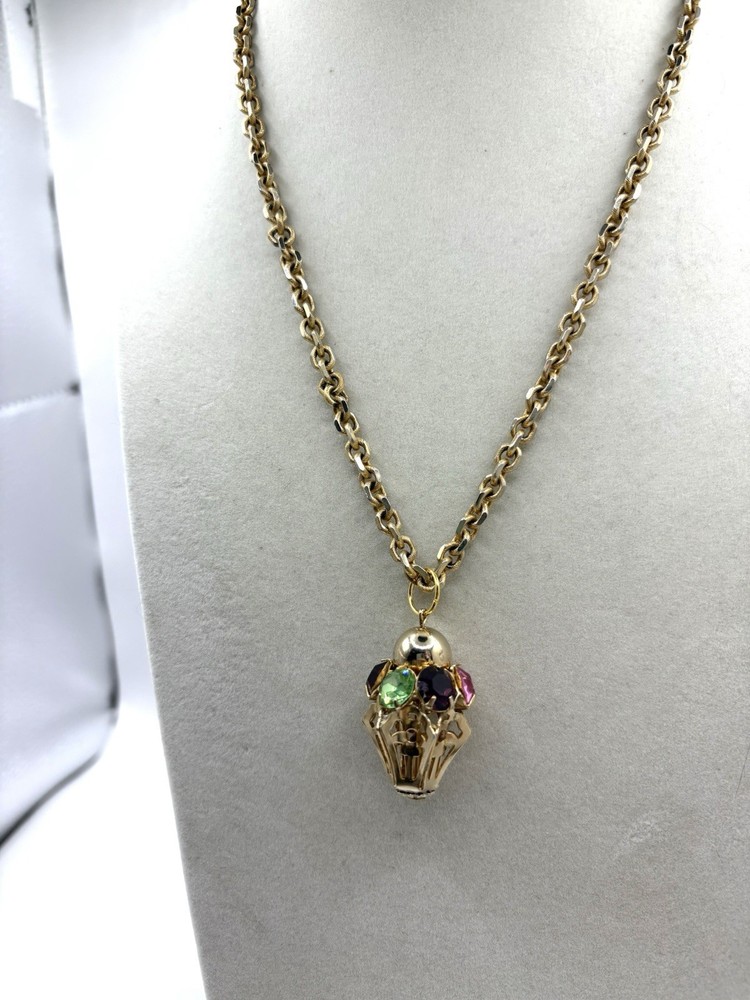 Gold Tone VTG Rhinestone 3D Flower Basket Pendant Necklace LOOK