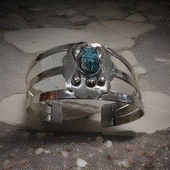 Vintage Silver Color Egyptian Blue Scarab Cuff Bracelet 2.25″ Inside Diameter