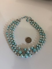 Vintage Triple Strand Faux Pearl Necklace Aqua Blue Beaded 50s Japan