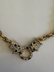 Vintage JACKIE COLLINS Rhinestone Cat Panther Leopard Gold Plated Necklace