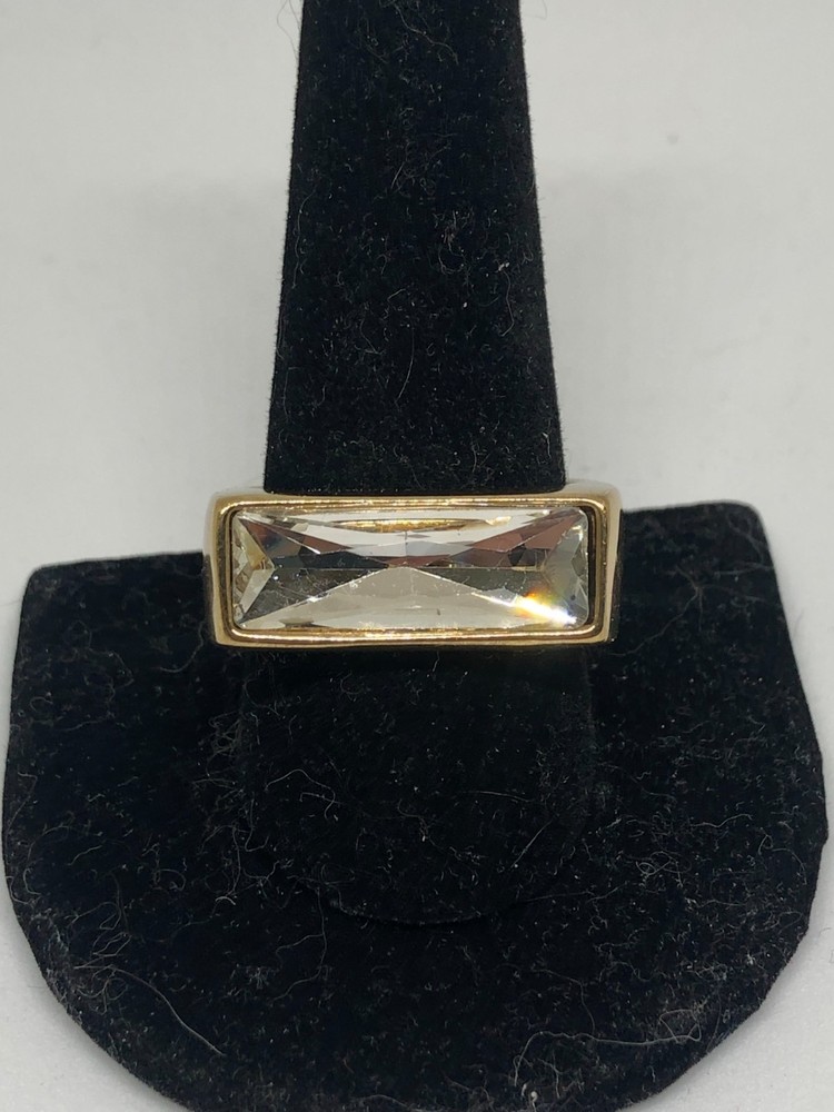 Vtg Gold Tone Rectangular Rhinestone Large Cocktail Statement Ring Size 11.25