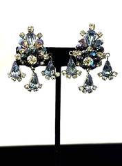 Fabulous Vintage Silver Tn BLUE AB Rhinestone Cluster Drop Clip Earrings AUSTRIA