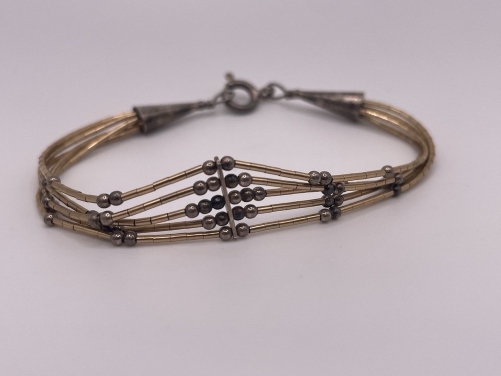 Vintage 925 Sterling Silver Multi Strand Bracelet Gold Tone Beaded 7”