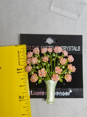 VINTAGE ENAMEL RHINESTONE PINK ROSE FLOWER BOUQUET VASE BROOCH PIN SIGNED