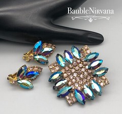Vintage AB Iridescent Peacock Blue/Green Stones&Brown Square Pin&Earrings Set