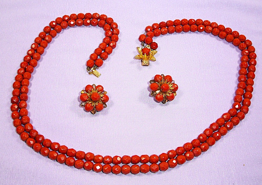Double Strand ☆ Round Faceted ☆ Terracotta ☆ Glass Bead ☆ Necklace & Earrings