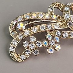 Rhinestone Ribbon Bow Brooch Clear AB Flowers Gold Tone 3.25″