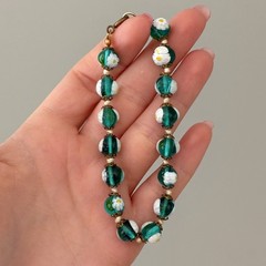 Vintage Teal Sea Blue Green Glass Beaded Floral White Daisy Flower Bracelet 7″