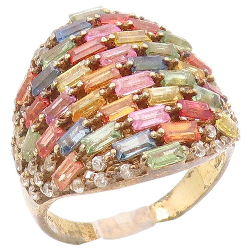 925 Sterling Silver Vintage Ring Gold Plated Multi Gemstone Band Sz 11 RG36441