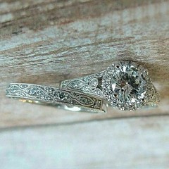 Vintage Art Deco Style Lab Created Diamond Engagement 14k White Gold FN Ring Set