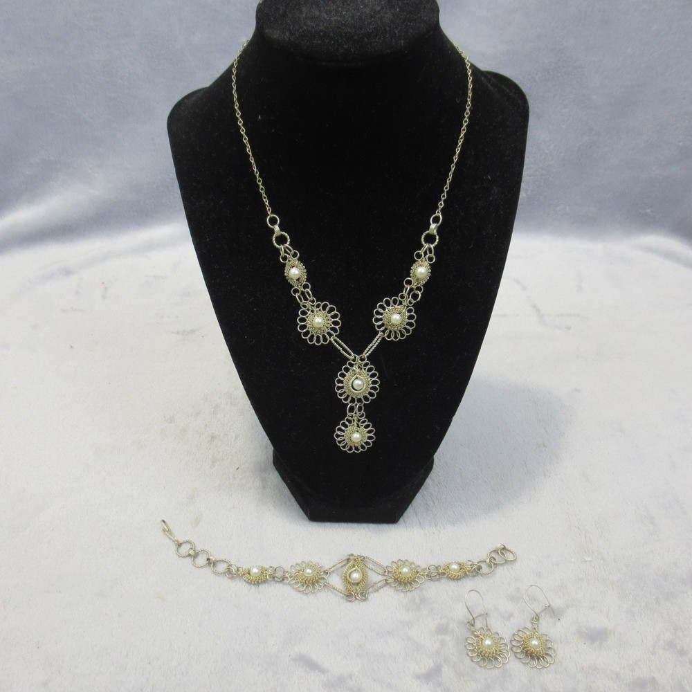 Vtg Wire Filigree Necklace 17” & Bracelet 7” Earrings Faux Pearls Set Boho 1980s