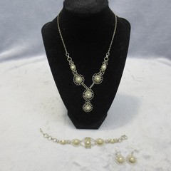 Vtg Wire Filigree Necklace 17” & Bracelet 7” Earrings Faux Pearls Set Boho 1980s