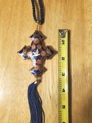 Vintage Cloisonne Cross Pendant Deep Blue with Goldtone Trim, 54.1 Grams Heavy