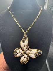 Vintage Gold Tone Butterfly Pendant Necklace Black White Rhinestone Statement