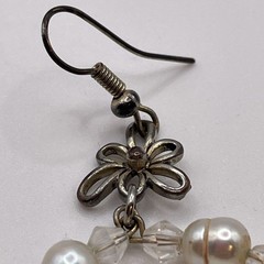 Earrings Vintage Glass Beaded Faux Pearl Hoop Silver Tone Metal Dangle Jewelry