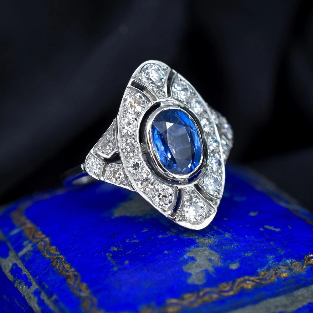 Art Deco Style Lab Created Diamond & Sapphire Engagement 14K White Gold FN Ring