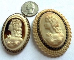 Lot of 2 Vintage FRENCH CELLULOID CAMEO BROOCHES 1930s ART DECO Trombone clasps