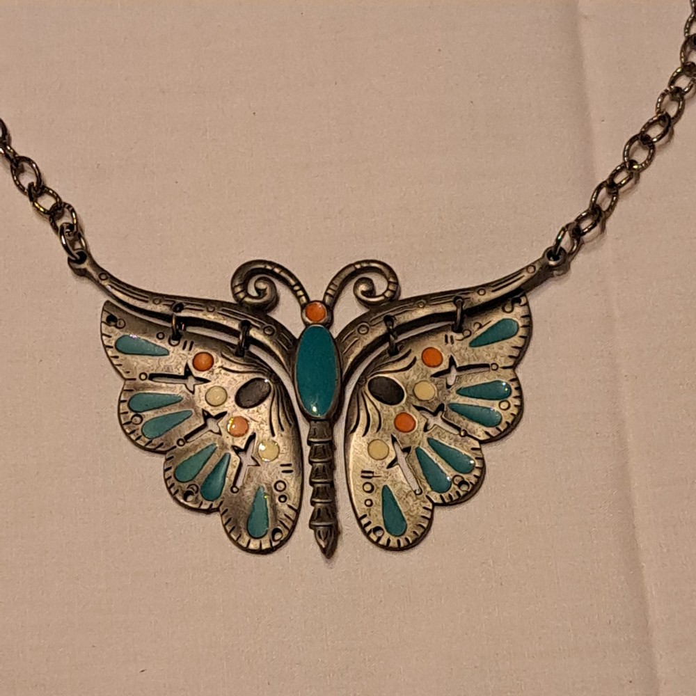 Vintage Celebrity Butterfly Necklace Turquoise Enamel 16-18”