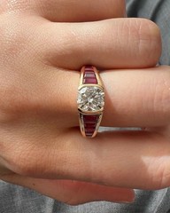 Vintage Art Deco Style Lab Create Ruby & Moissanite Ring Bezel Set Baguette Ruby