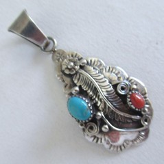NAVAJO? STERLING PENDANT 2 INCHES, TURQUOISE & CORAL