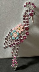 Vintage Pink Rhinestone Peacock Brooch/ Pin 3.75 Inches Silver Tone EUC