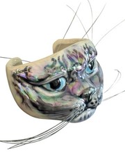 VNTG Rare Ceramic Cuff Bracelet Iridescent Cat With Whiskers, Signed KM 1987