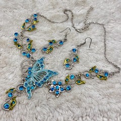 Vintage Blue Butterfly Jewelry Set Y Drop Necklace Earrings Fairycore