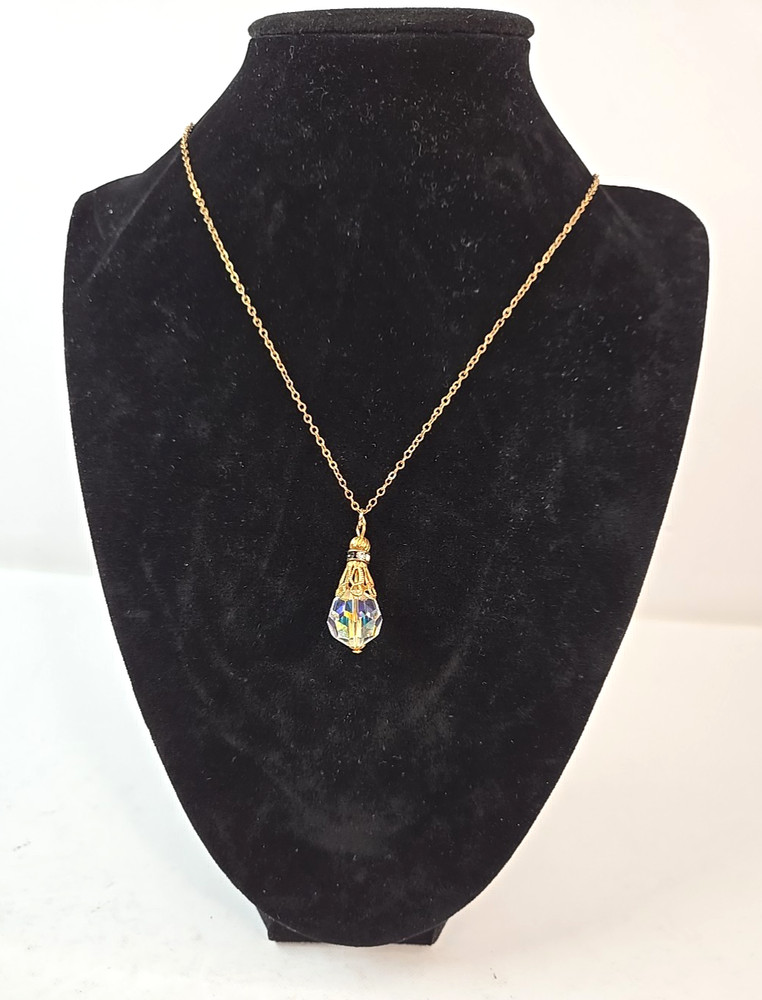 Vintage aurora borealis teardrop pendent necklace rhinestone band gold tone SEE