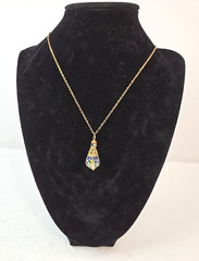 Vintage aurora borealis teardrop pendent necklace rhinestone band gold tone SEE