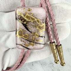 Stunning Vintage Pink And Gold Fused Glass Western Bolo Tie