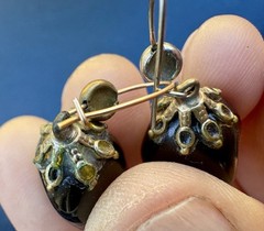 Vintage Eggplant Glass French Jet Style Dangle-Drop Earrings w Ornate Metal Caps