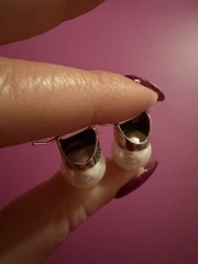 Vintage Marcasite And Pearl 925 Silver Earrings Pierced Huggie Style